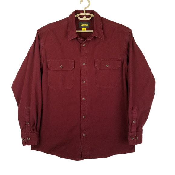Cabelas Mens Shirt L Tall Red Denim Button Up Long Sleeve Button Pockets - Picture 1 of 10